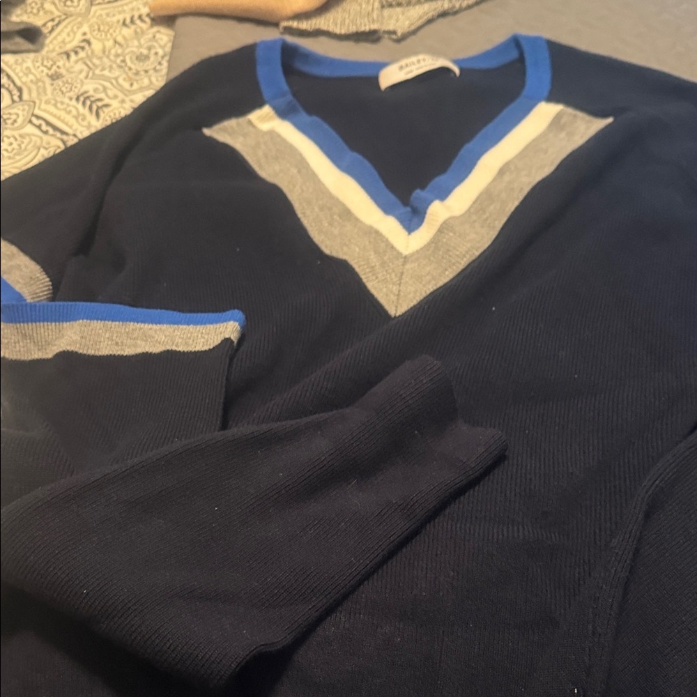Bailey 44 Navy V-Neck Sweater with Gray and White Trim